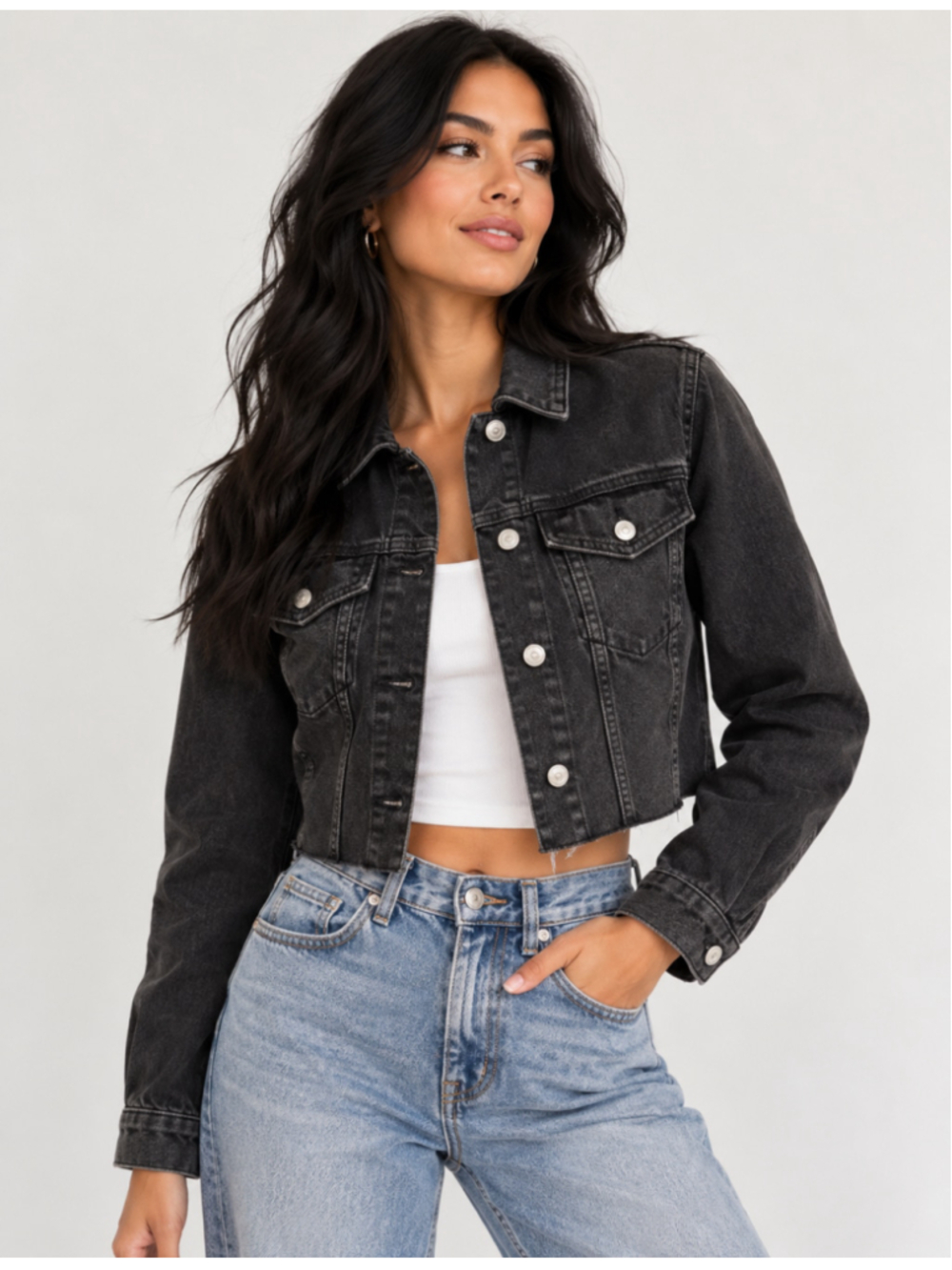 Topshop Cropped Denim Jacket Women’s 6 Washed Black Raw Hem Jean Jacket